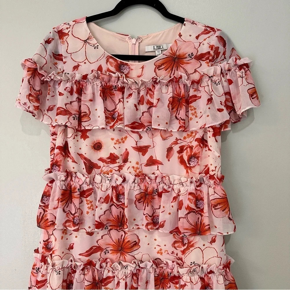 Badgley Mischka Tiered Ruffle Floral Dress Pink Mini Size 10 RTR Designer - Picture 5 of 14